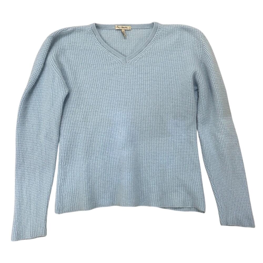 Icy Blue Waffle Knit 100% Cashmere V-Neck LS Sweater Made in Italy, XL